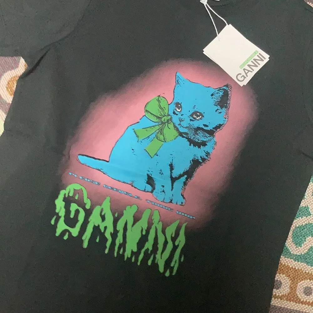 Ganni Black Blue Kitten Drippy Logo T-shirt | NWT Designer casual Essential Larg - Picture 2 of 6